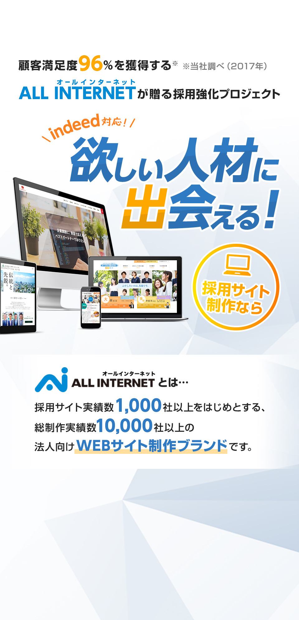 顧客満足度96％を獲得する※（※当社調べ（2017年）　ALL INTERNETが贈る採用強化プロジェクト indeed対応！欲しい人材に出会える！採用サイト制作なら オールインターネットとは…制作実績10,000サイト以上（採用サイト実績数1,000社越え！）の法人向けWEBサイト制作ブランドです。